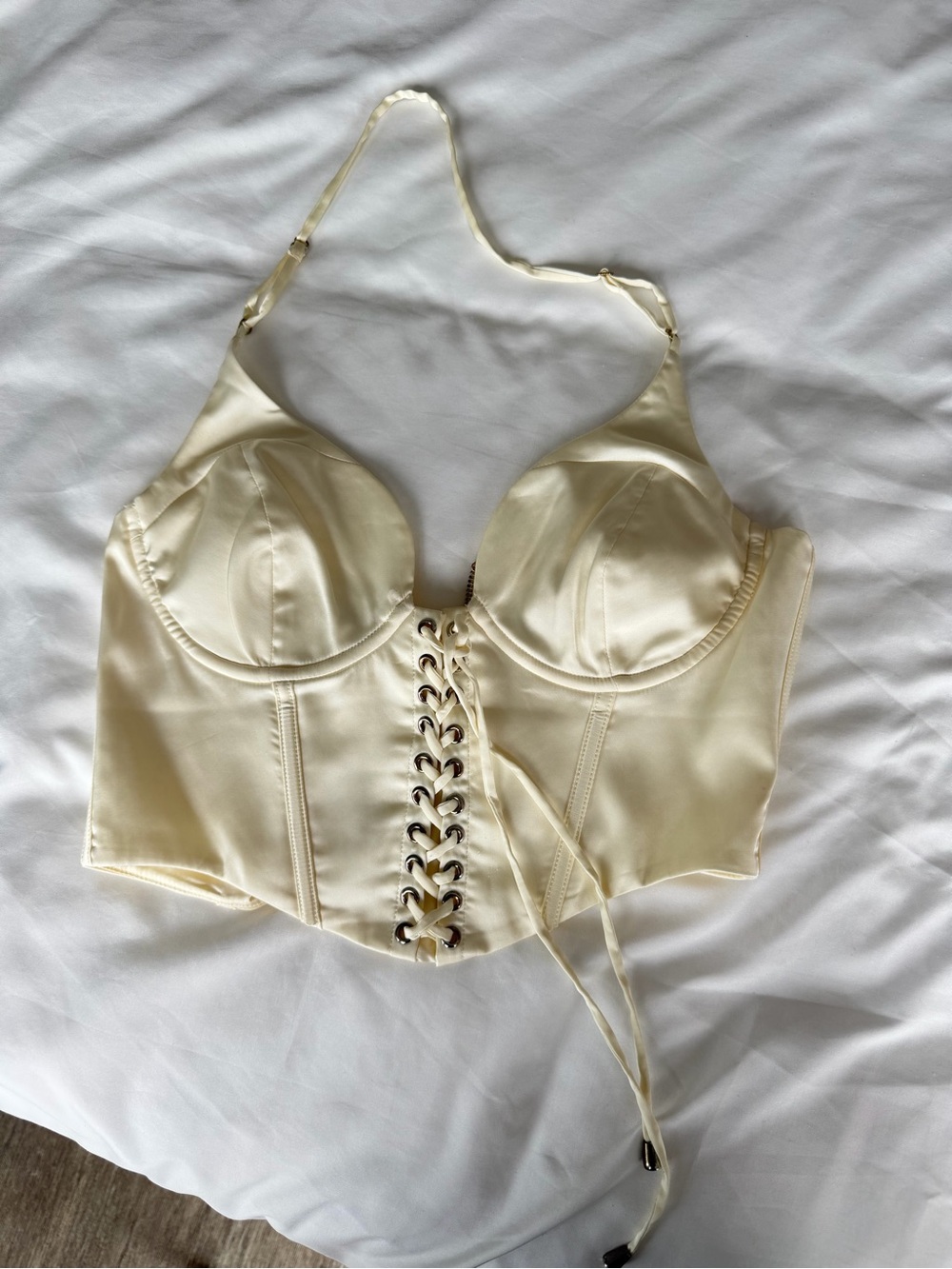 Oh Polly Satin Ivory Bustier Crop Top with Lace-Up Detail